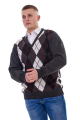 Mens Classic Knitted Sweater Argyle V Neck Jumper