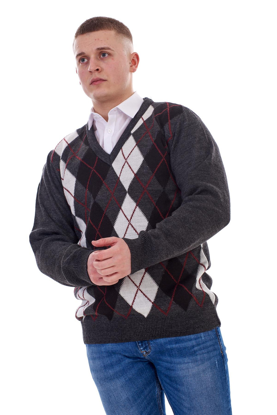 Mens Classic Knitted Sweater Argyle V Neck Jumper