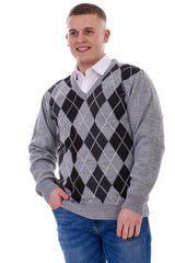 Mens Classic Knitted Sweater Argyle V Neck Jumper
