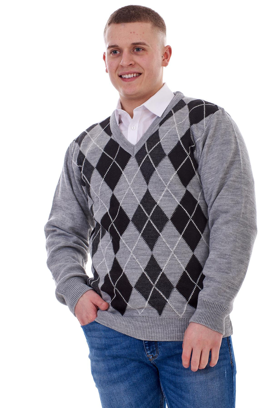 Mens Classic Knitted Sweater Argyle V Neck Jumper