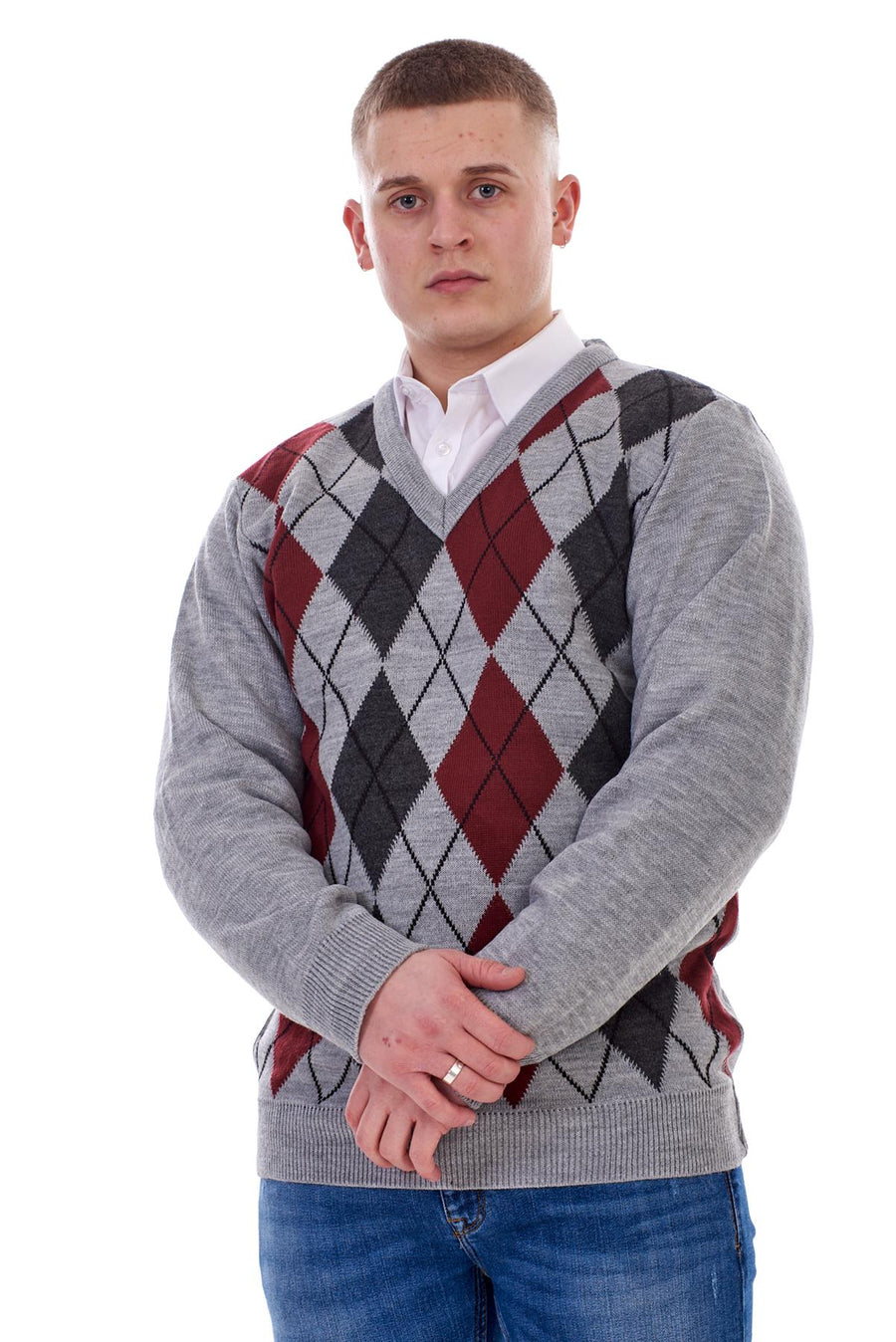 Mens Classic Knitted Sweater Argyle V Neck Jumper