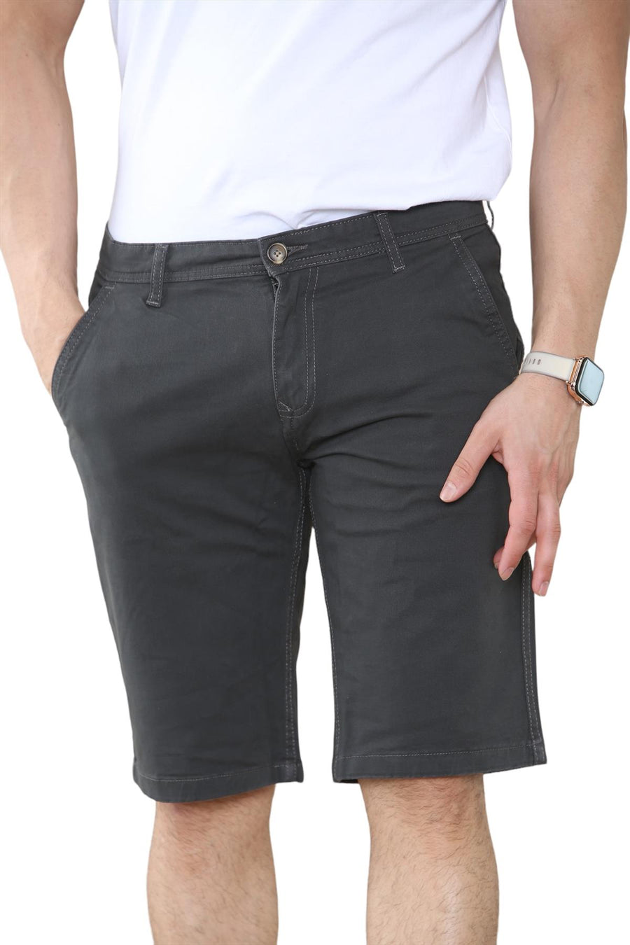 Men's Chino Shorts Knee Length Stretch Casual Summer Cotton Slim Fit Zip Fly