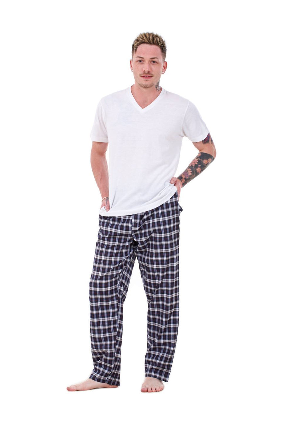 Mens Pyjama Bottoms Cotton Check Lounge Pants Elastic Waist Sleepwear