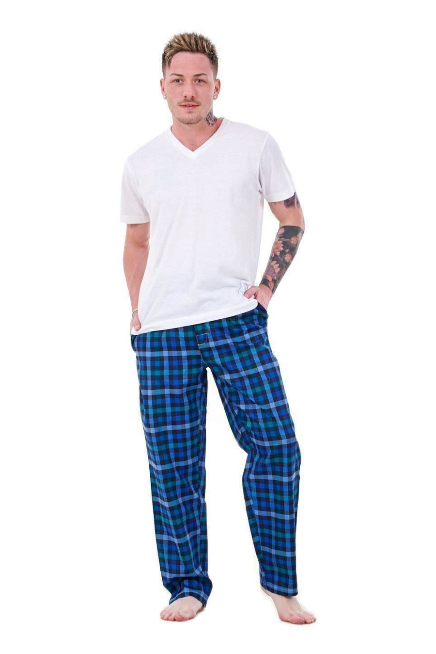 Mens Pyjama Bottoms Cotton Check Lounge Pants Elastic Waist Sleepwear