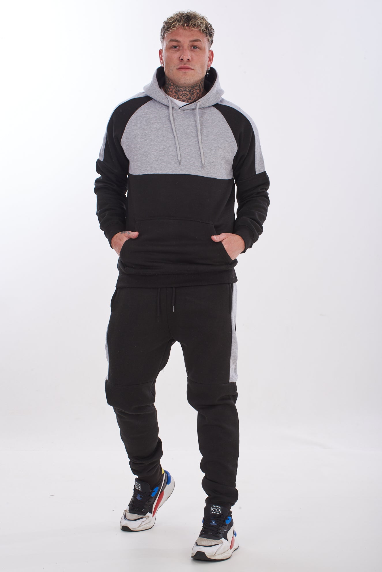 Mens Tracksuit Set Colour Block Hoodie Joggers Cotton Fleece