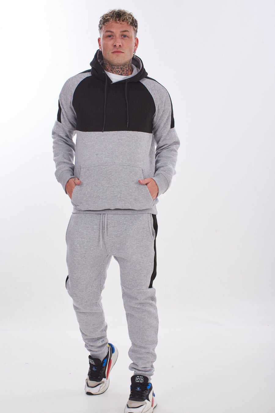 Mens Tracksuit Set Colour Block Hoodie Joggers Cotton Fleece