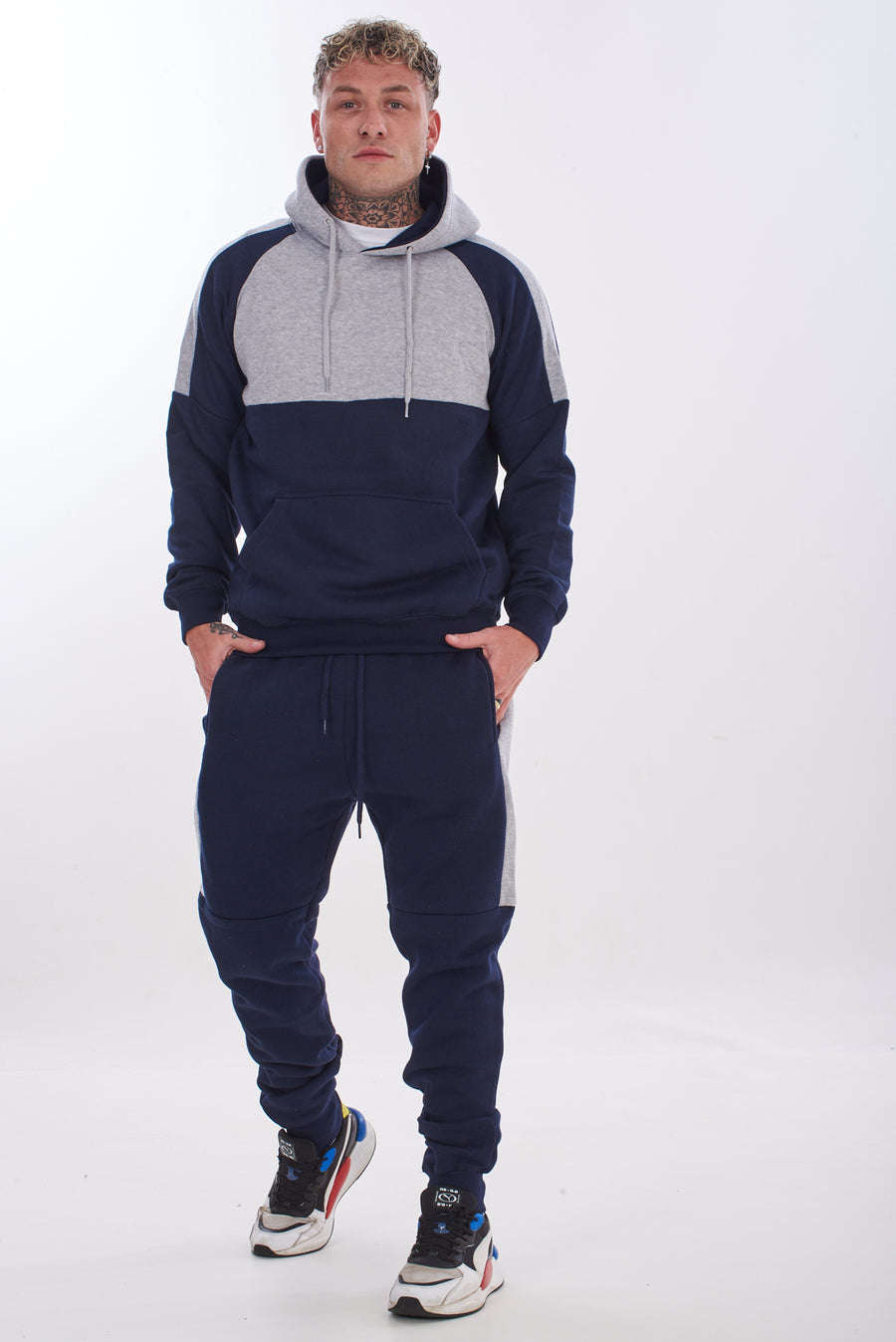 Mens Tracksuit Set Colour Block Hoodie Joggers Cotton Fleece