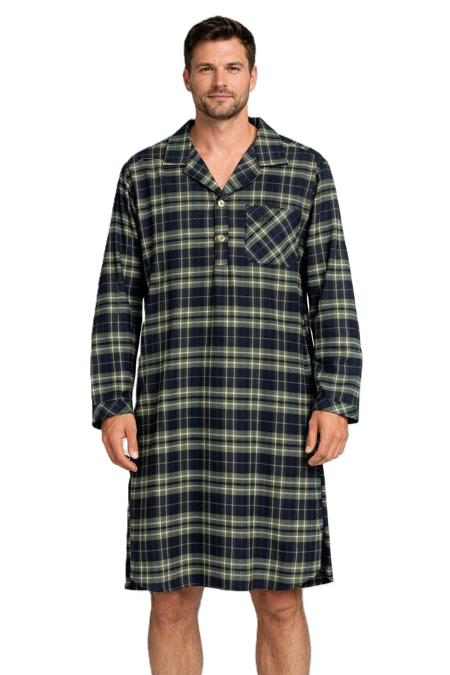 Mens Plaid Flannel Nightshirt Cotton Blend Long Sleeve Button Sleep Shirt Grandad Style Nightwear M-5XL