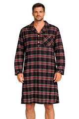 Mens Plaid Flannel Nightshirt Cotton Blend Long Sleeve Button Sleep Shirt Grandad Style Nightwear M-5XL