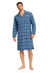 Mens Plaid Flannel Nightshirt Cotton Blend Long Sleeve Button Sleep Shirt Grandad Style Nightwear M-5XL