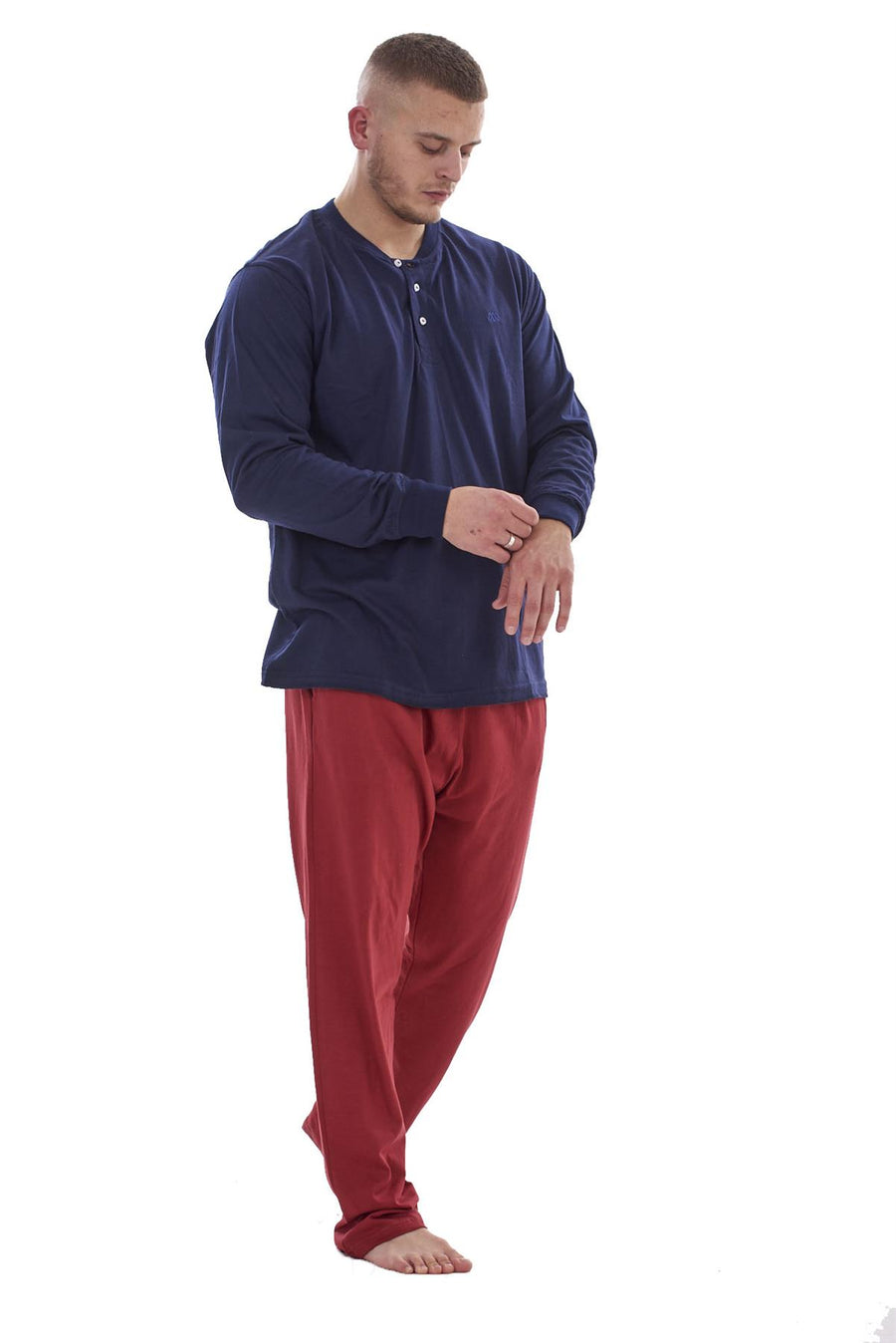 Mens Pyjama Set Henley Top Lightweight Loungewear