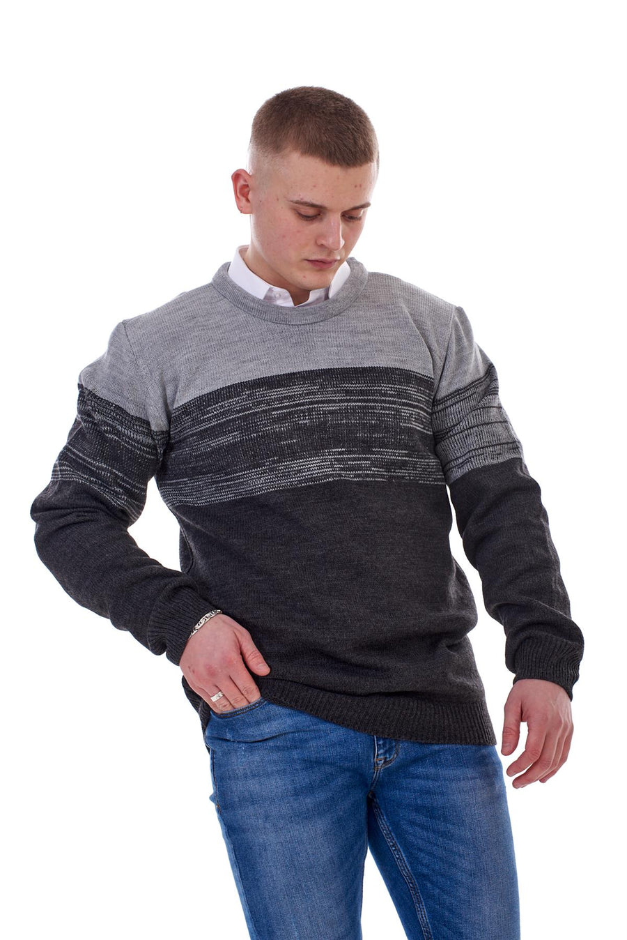 Mens Striped Pullover Knitted Crew Neck Jumper