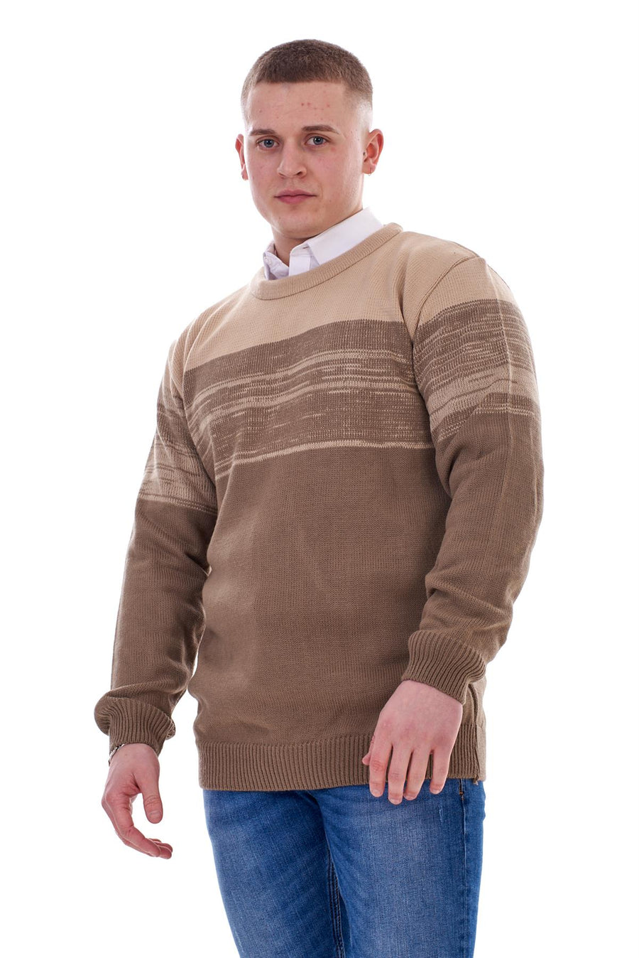 Mens Striped Pullover Knitted Crew Neck Jumper