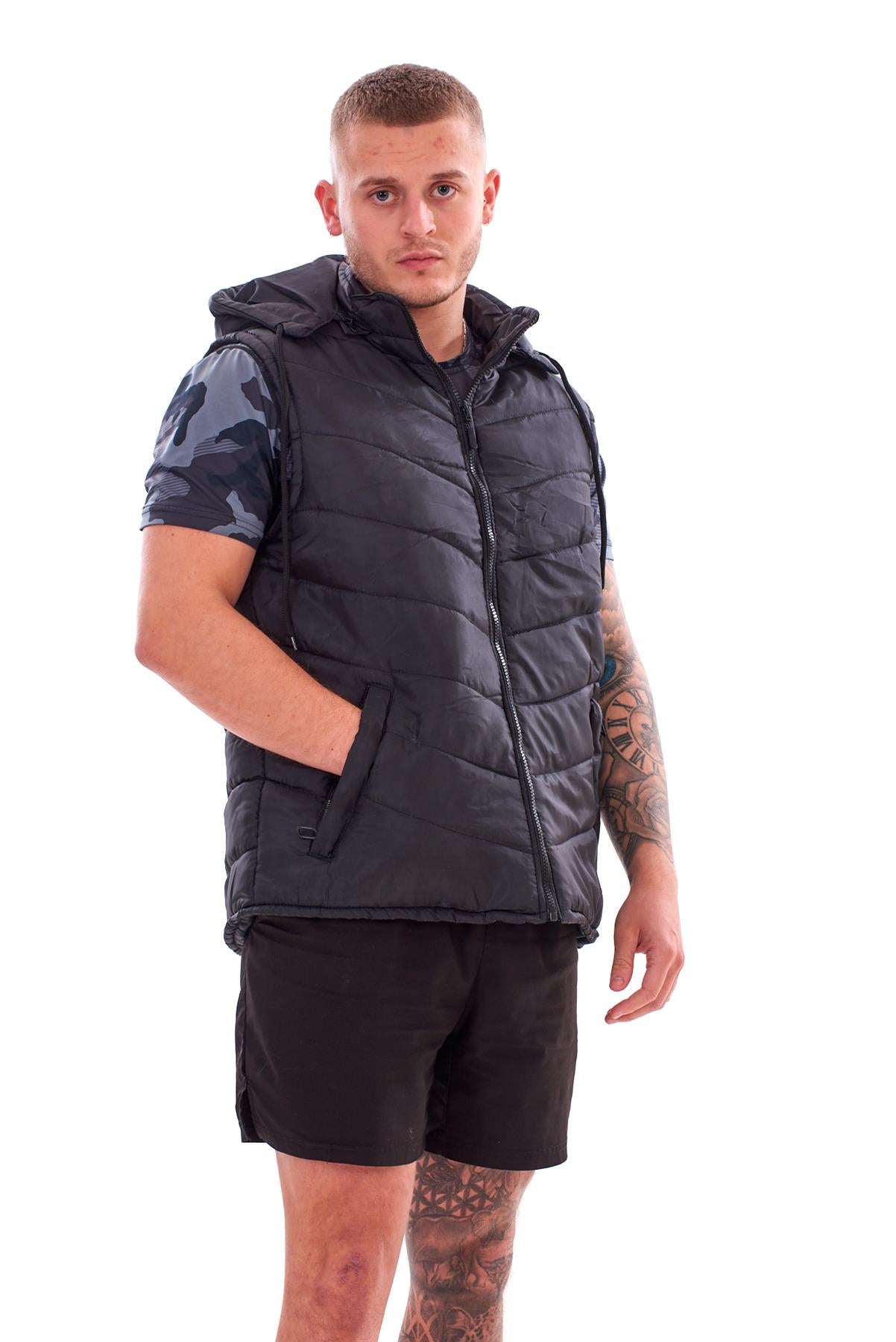 Men Padded Sleeveless Hooded Gilet Vest Jacket