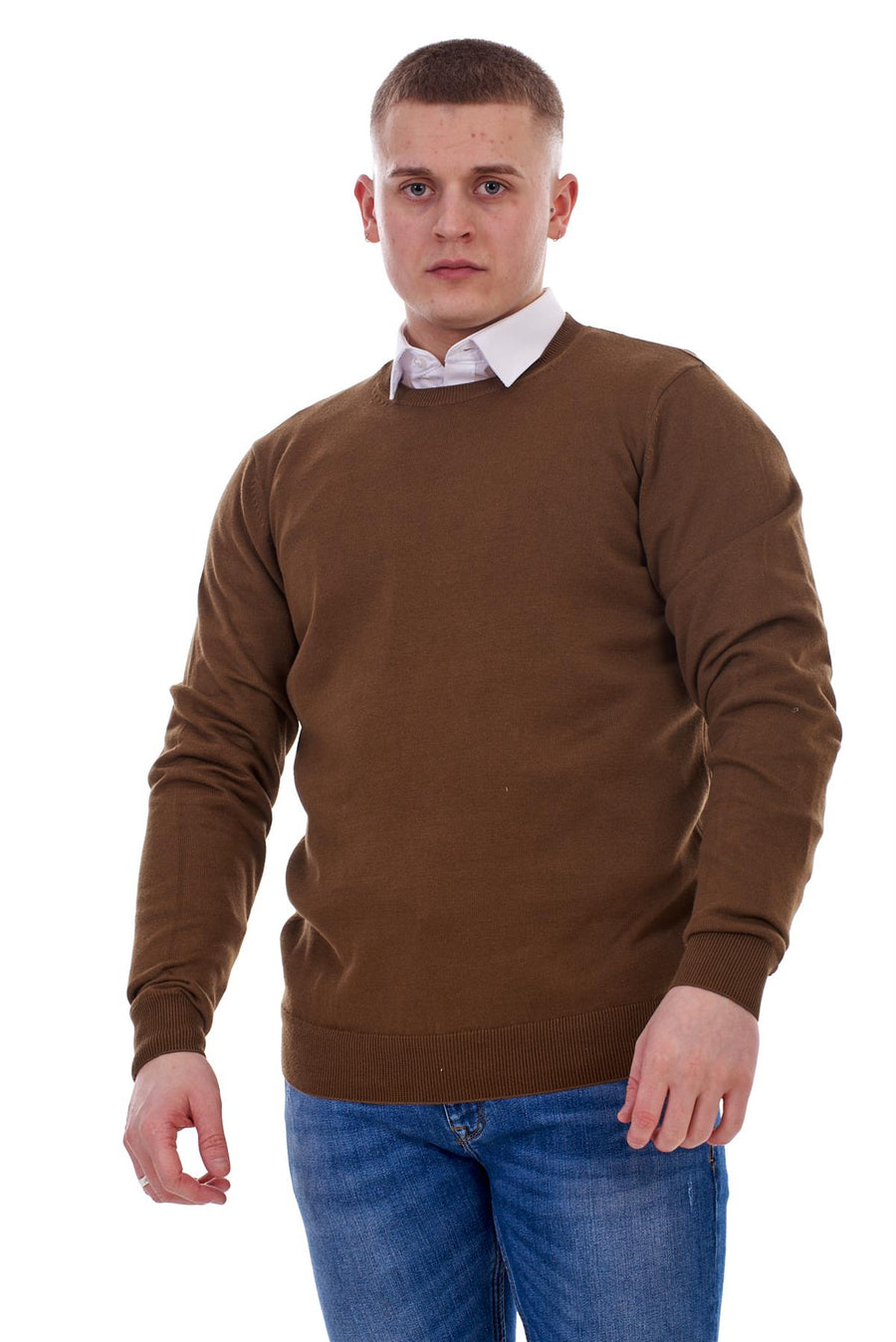 Mens Knitted Pullover Plain Crew Neck Jumper