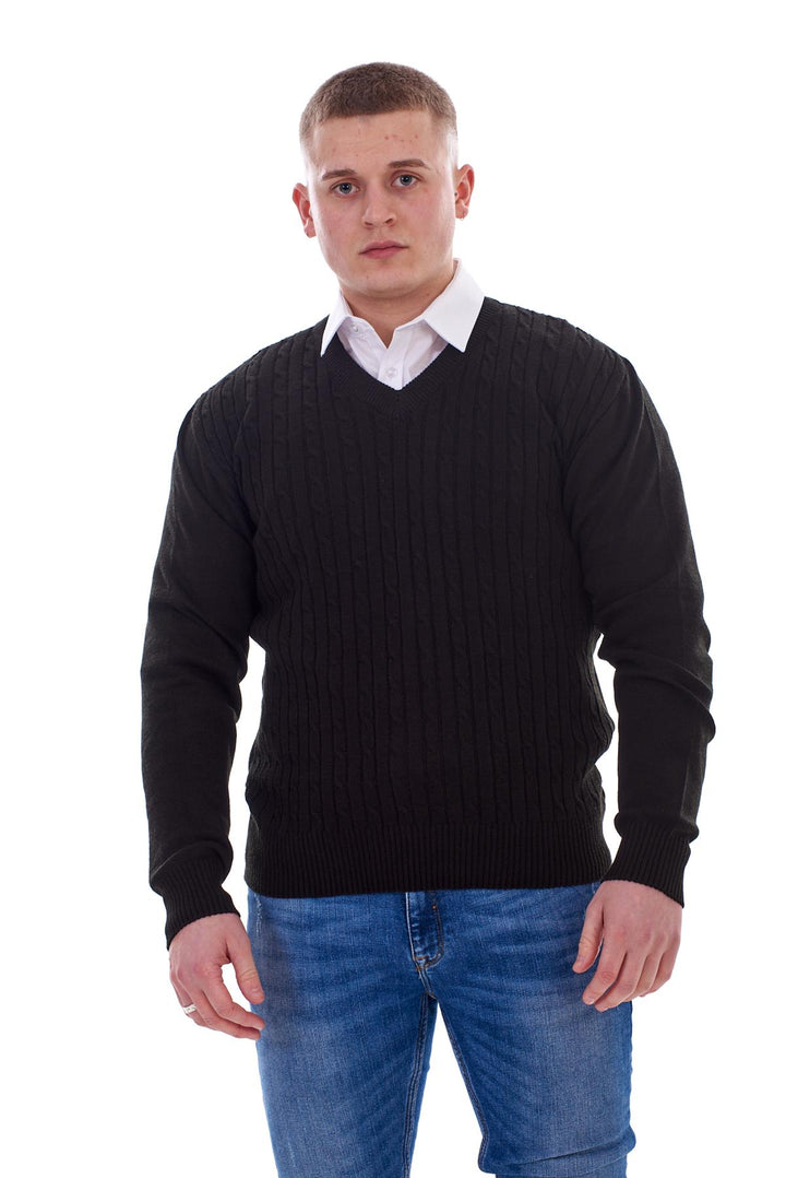 Mens Pullover Sweater Cable Knit V-Neck Jumper