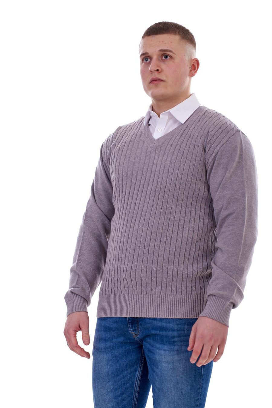 Mens Pullover Sweater Cable Knit V-Neck Jumper