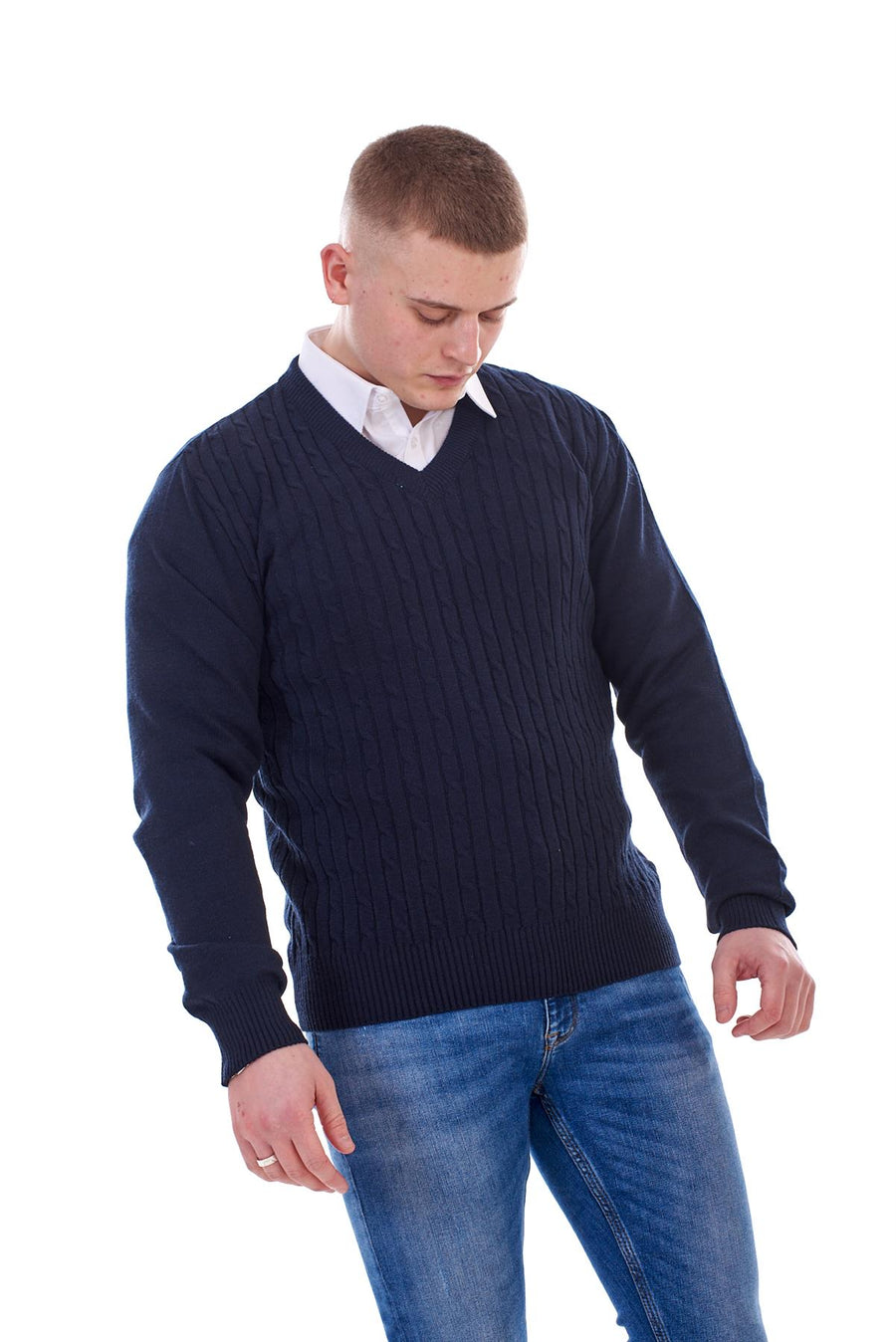 Mens Pullover Sweater Cable Knit V-Neck Jumper