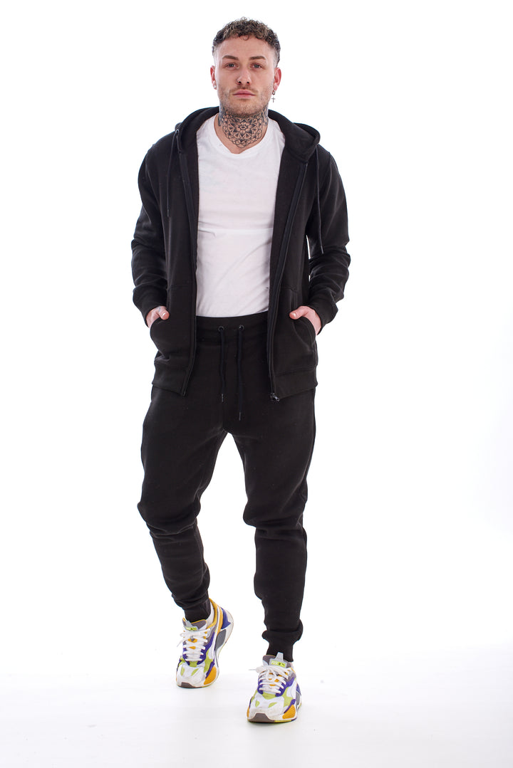 Mens Black Tracksuit Set Zip Hoodie Joggers Cotton Fleece Casual Gym Lounge