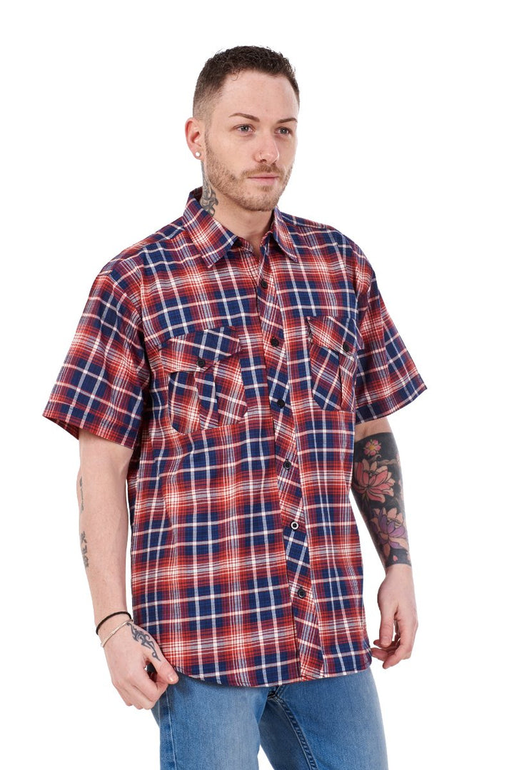 Mens Check Shirt Short Sleeve Cotton Casual Button Up Plaid Brown Work Shirt M-5XL