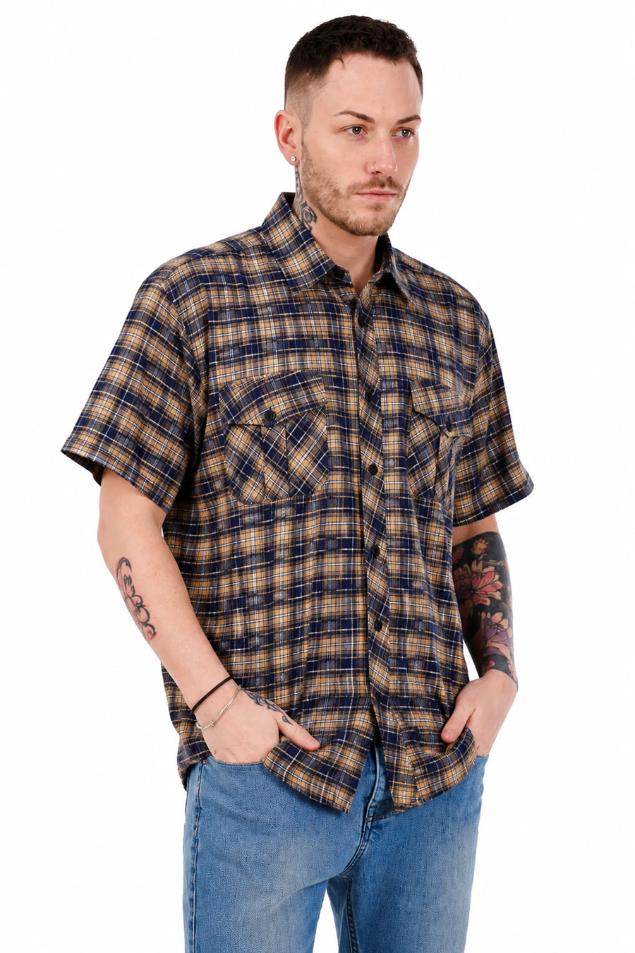 Men’s Check Shirt Short Sleeve Cotton Button Up Plaid Casual Work Shirt M-5XL