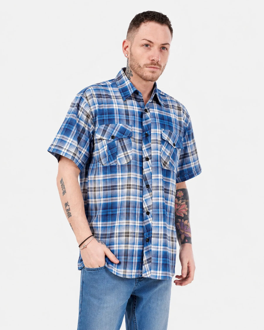 Men’s Check Shirt Short Sleeve Cotton Button Up Plaid Casual Work Shirt M-5XL