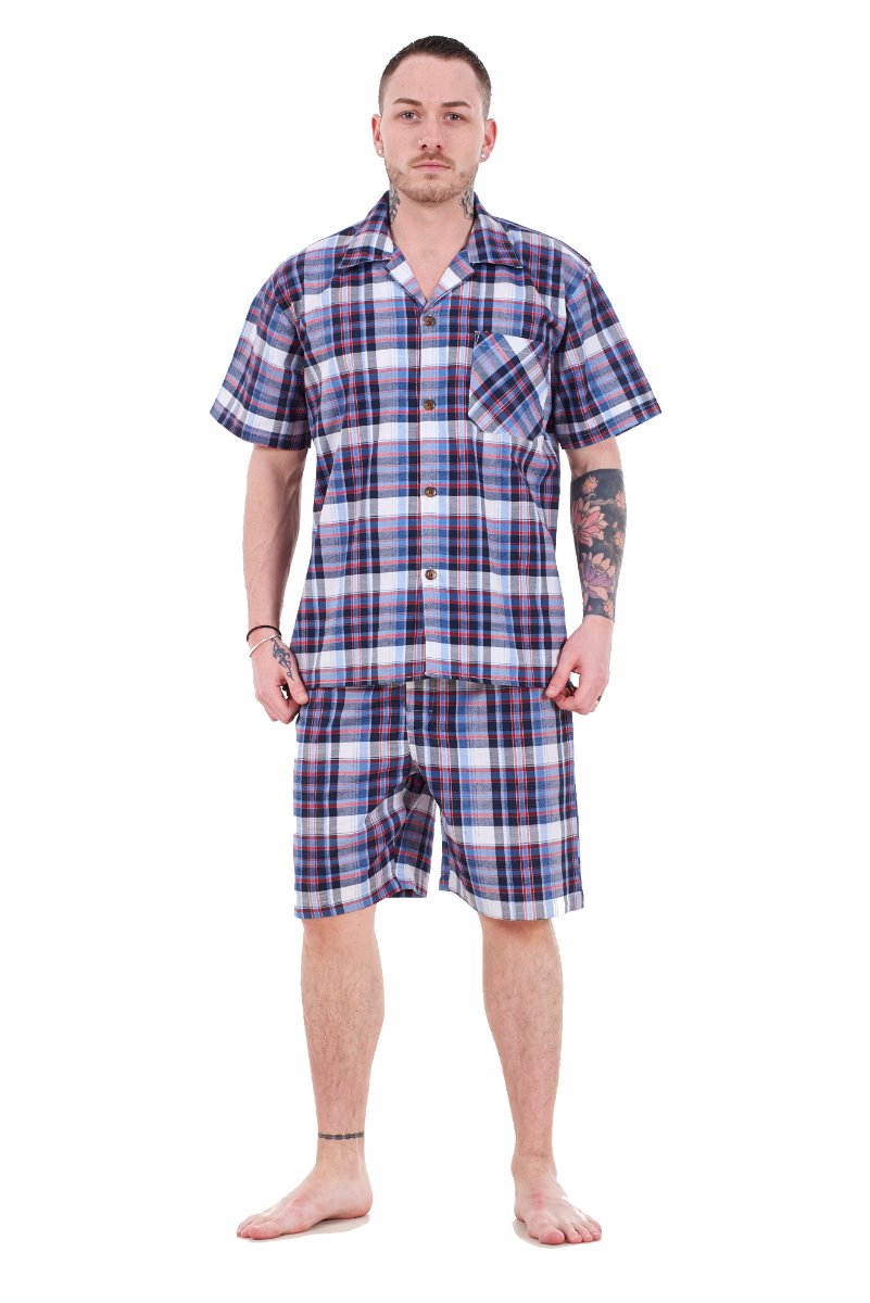 Mens Yarn Dyed Woven Pyjama Set Regular Big Size Check Cotton Blend Shorts M to 5XL