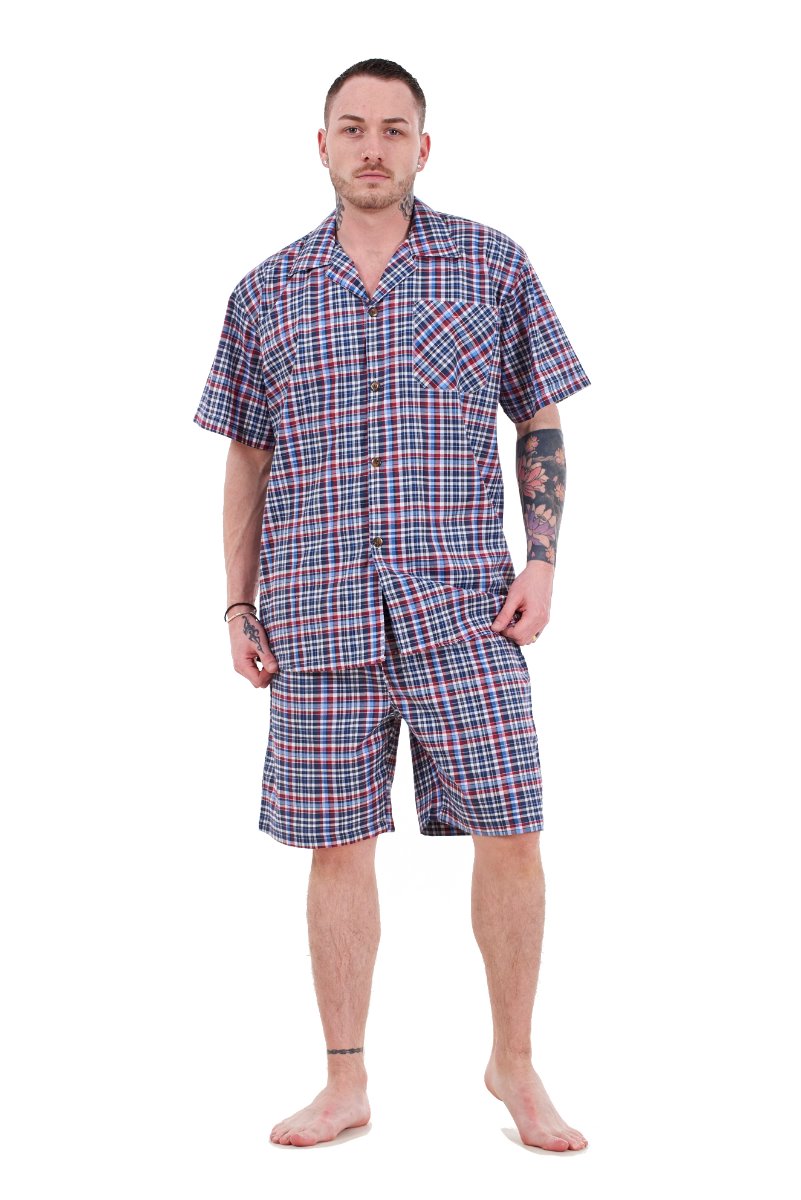 Mens Yarn Dyed Woven Pyjama Set Regular Big Size Check Cotton Blend Shorts M to 5XL