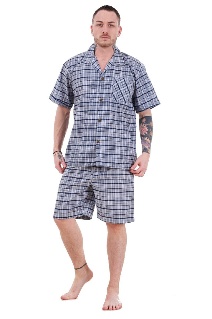 Mens Yarn Dyed Woven Pyjama Set Regular Big Size Check Cotton Blend Shorts M to 5XL