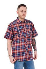 Mens Check Shirt Short Sleeve Cotton Casual Button Up Plaid Brown Work Shirt M-5XL