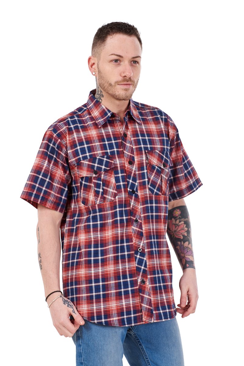 Mens Check Shirt Short Sleeve Cotton Casual Button Up Plaid Brown Work Shirt M-5XL