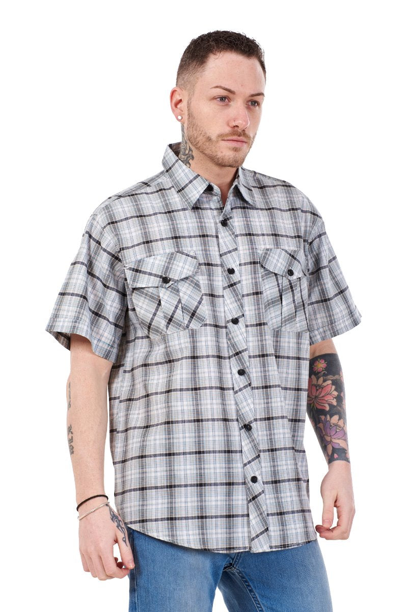 Mens Check Shirt Short Sleeve Cotton Casual Button Up Plaid Brown Work Shirt M-5XL