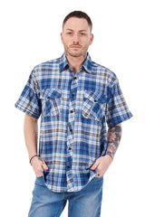 Mens Check Shirt Short Sleeve Cotton Casual Button Up Plaid Brown Work Shirt M-5XL