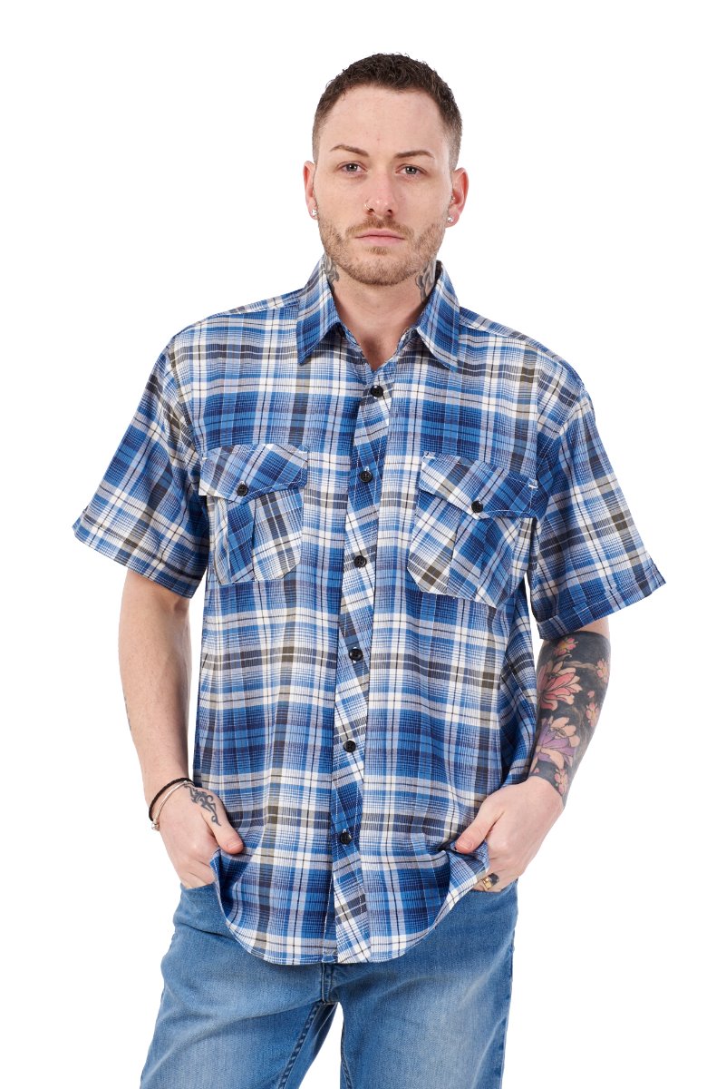 Mens Check Shirt Short Sleeve Cotton Casual Button Up Plaid Brown Work Shirt M-5XL