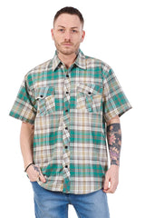 Mens Check Shirt Short Sleeve Cotton Casual Button Up Plaid Brown Work Shirt M-5XL