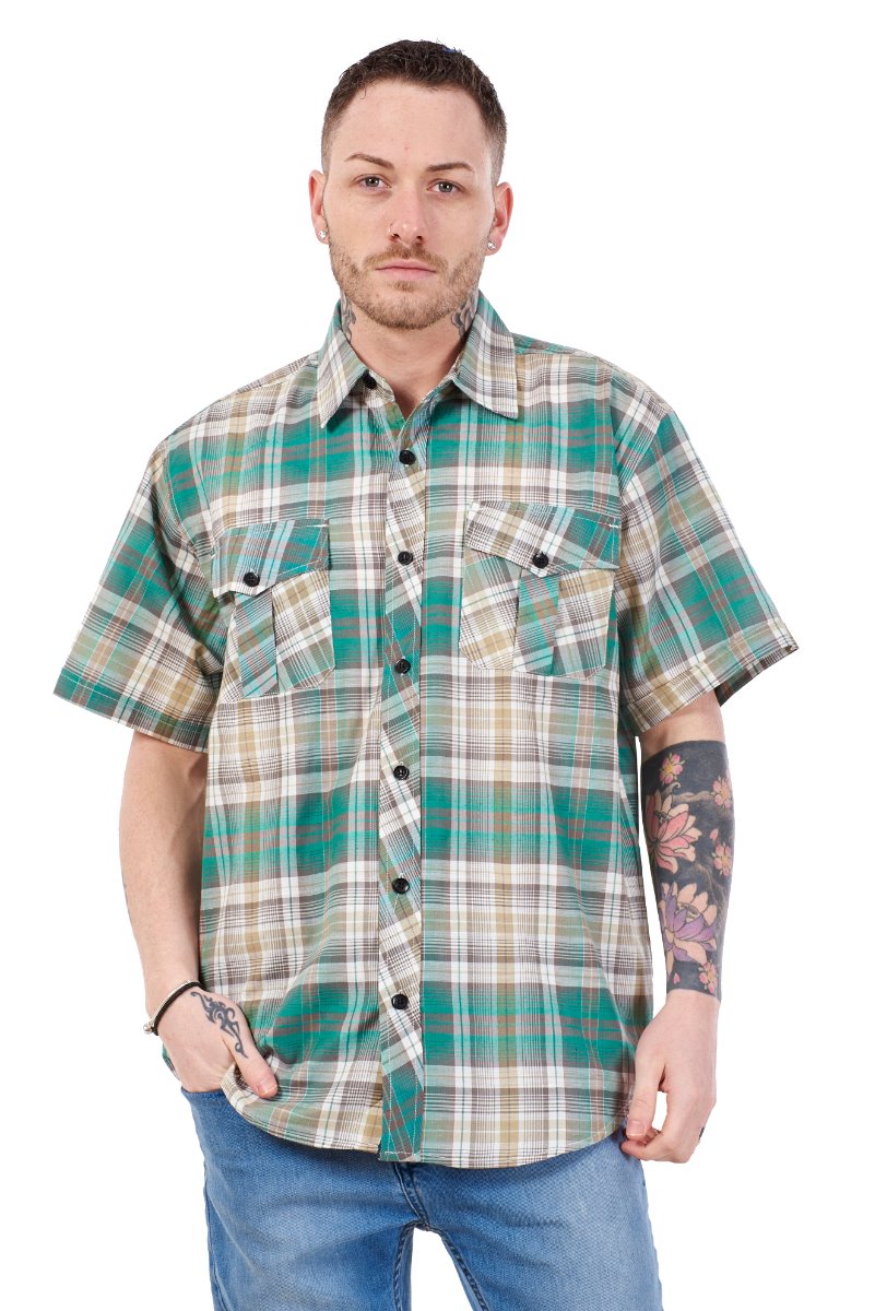 Mens Check Shirt Short Sleeve Cotton Casual Button Up Plaid Brown Work Shirt M-5XL