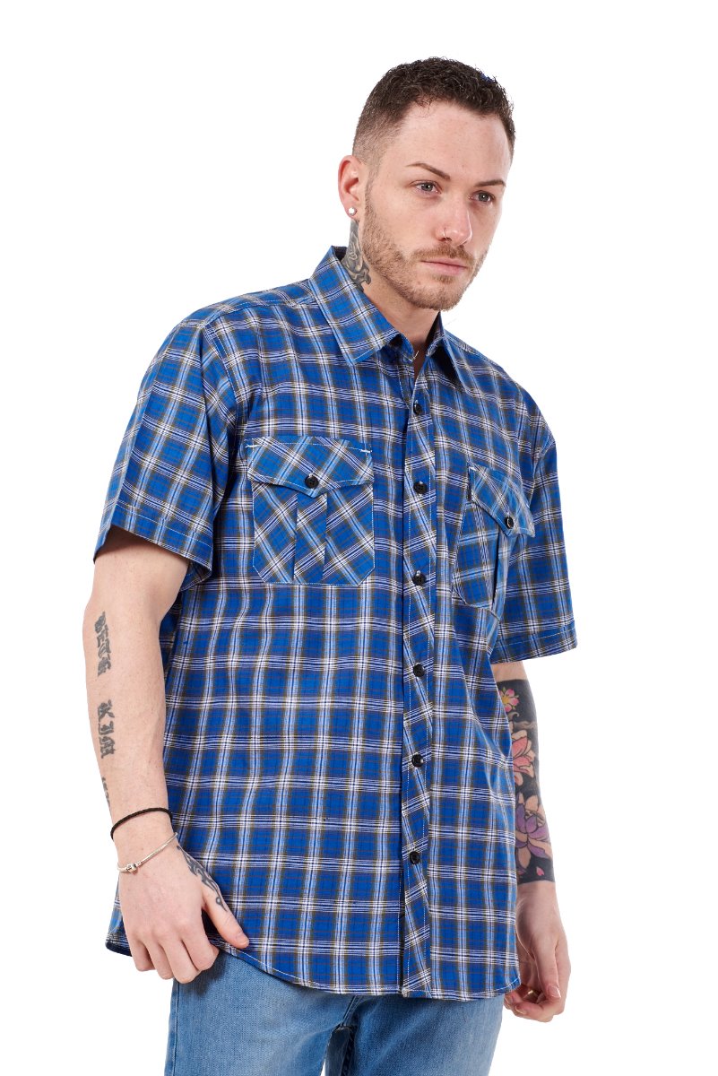Mens Check Shirt Short Sleeve Cotton Casual Button Up Plaid Brown Work Shirt M-5XL