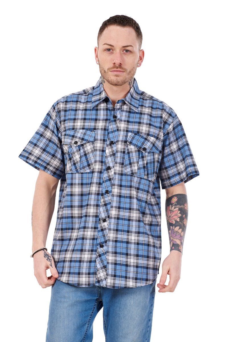 Mens Check Shirt Short Sleeve Cotton Casual Button Up Plaid Brown Work Shirt M-5XL