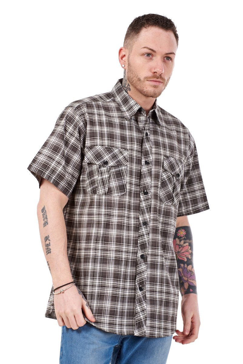 Mens Check Shirt Short Sleeve Cotton Casual Button Up Plaid Brown Work Shirt M-5XL