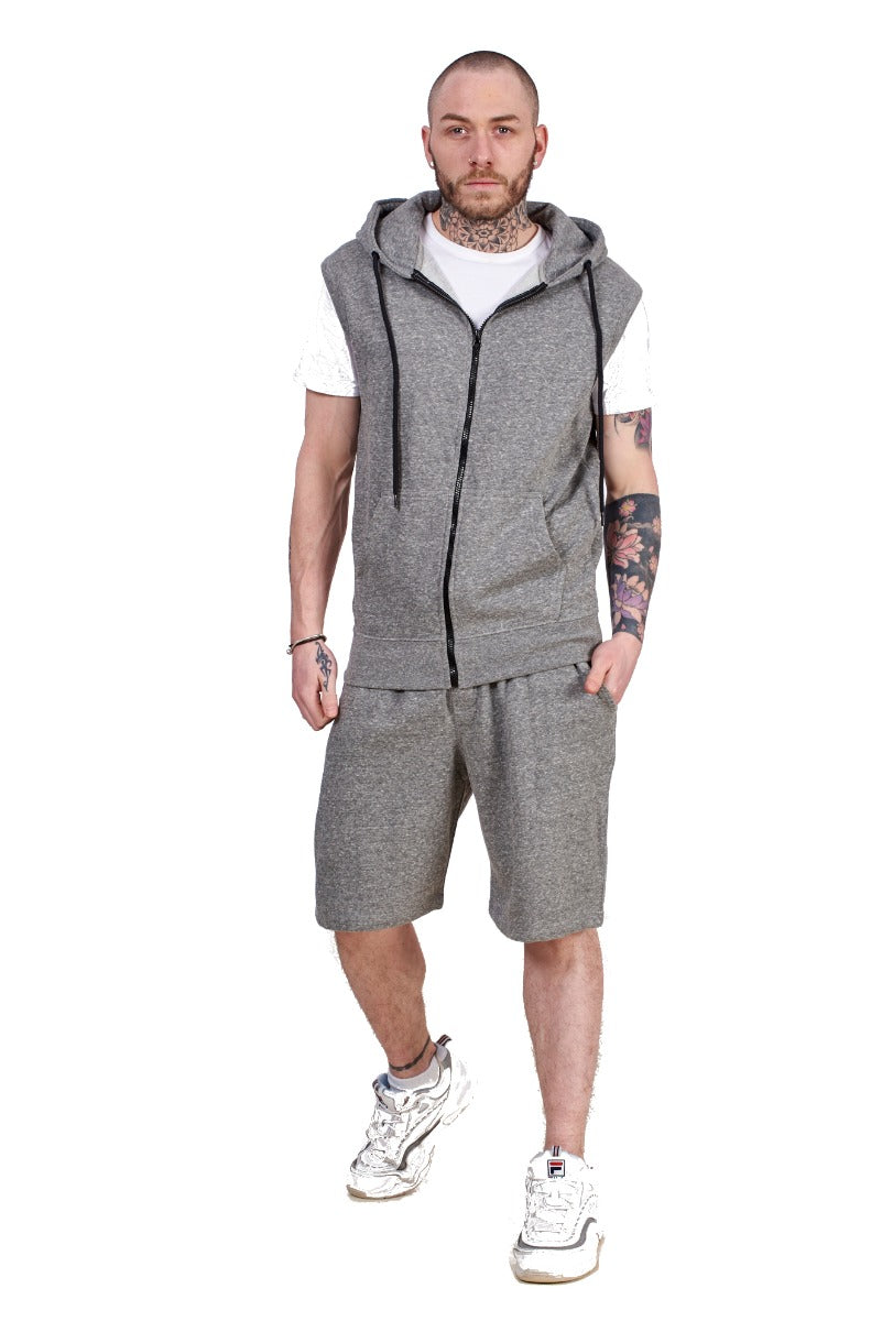 Mens Hoodie & Short Tracksuit Set Sleeveless Zipper Pockets Casual Tops S to XL