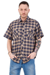Mens Check Shirt Short Sleeve Cotton Casual Button Up Plaid Brown Work Shirt M-5XL