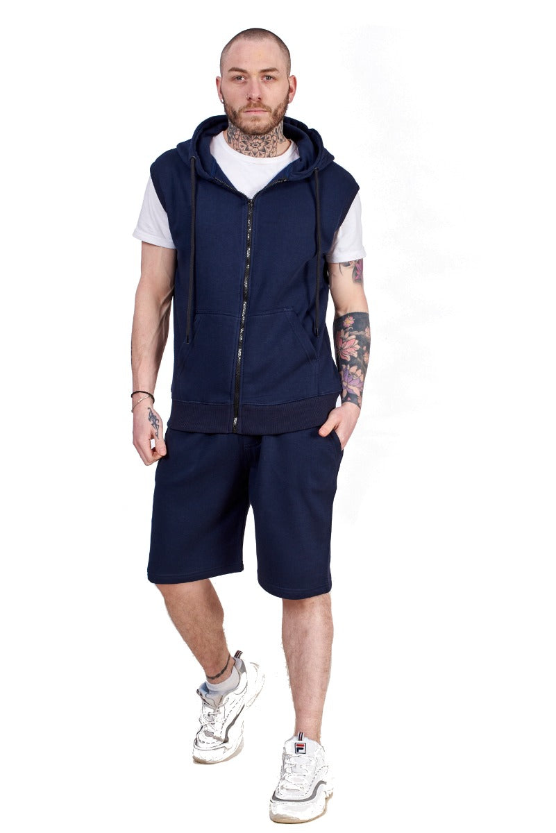 Mens Hoodie & Short Tracksuit Set Sleeveless Zipper Pockets Casual Tops S to XL