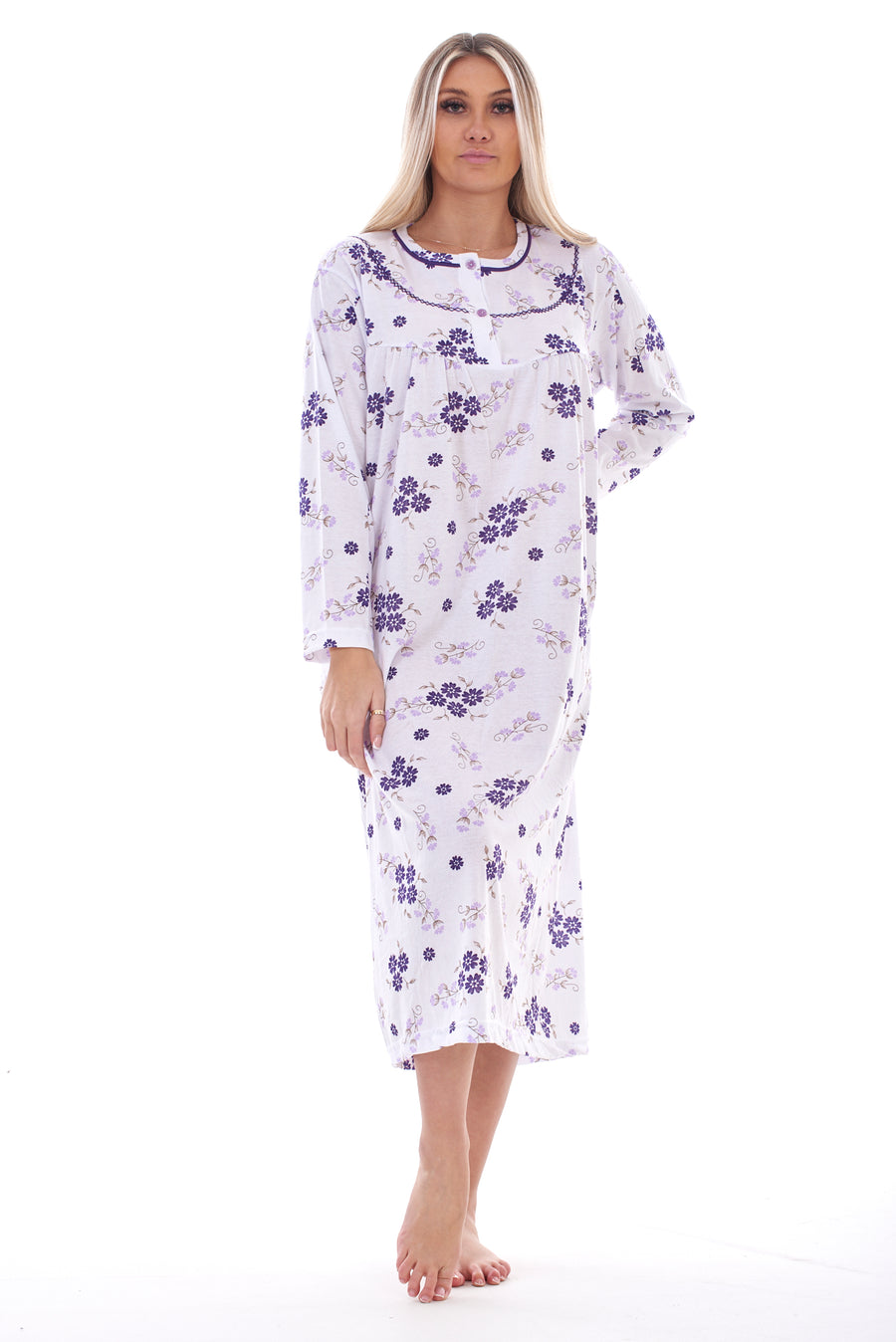 Women Floral Button Long Nightdress