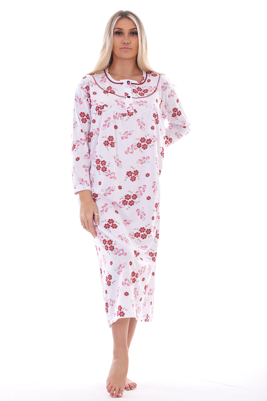 Women Floral Button Long Nightdress
