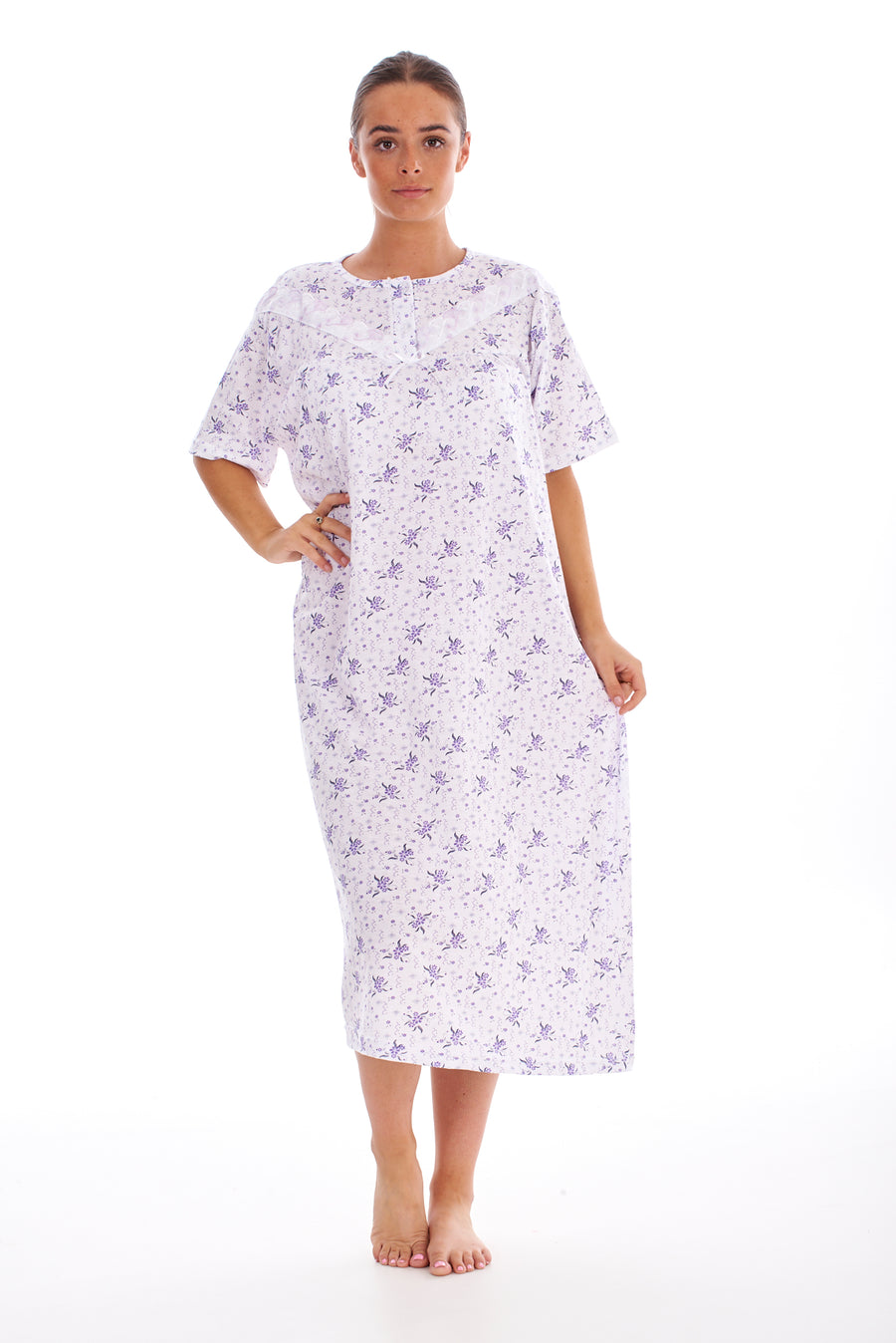 Long Floral Nightgown with Crew Neck