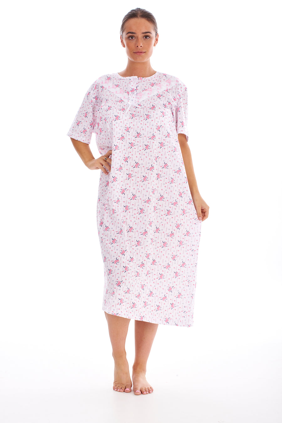 Long Floral Nightgown with Crew Neck