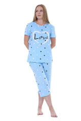 Women’s Heart Print Capri Pyjama Set – Short Sleeve PJs – Soft Cotton Loungewear Sleepwear
