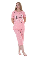 Women’s Heart Print Capri Pyjama Set – Short Sleeve PJs – Soft Cotton Loungewear Sleepwear