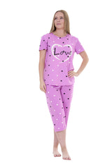 Women’s Heart Print Capri Pyjama Set – Short Sleeve PJs – Soft Cotton Loungewear Sleepwear