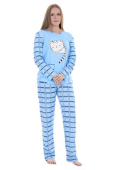 Women’s Long Sleeve Cat Print Pyjama Set – Soft Winter PJs – Checked Bottoms Loungewear Sleepwear